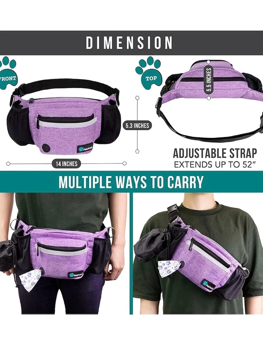 Purple Pet Fanny Pack with Adjustable Black Strap - Like New